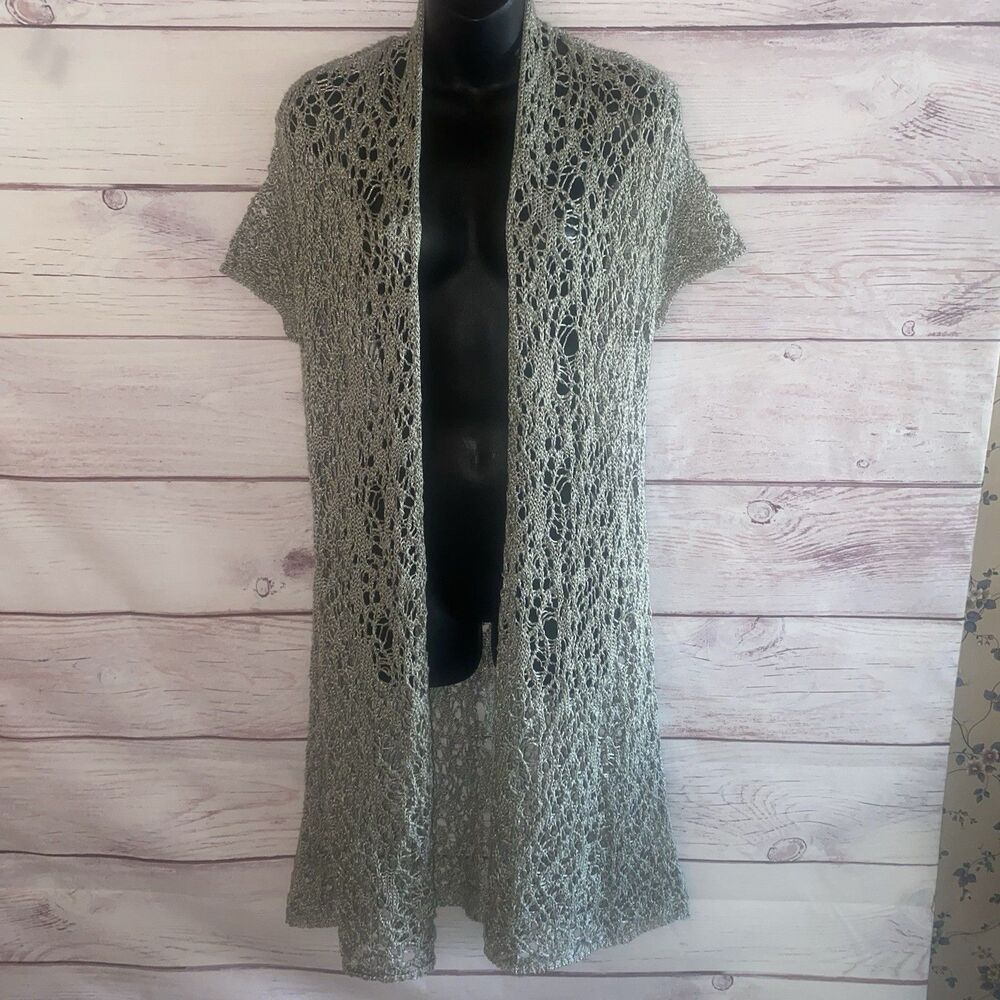 Eileen Fisher Womens M Linen Cotton Open Knit Long Duster Cardigan Gray A15
